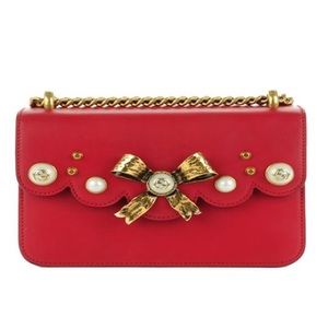 Gucci Red Bow Pearl Leather Chain Shoulder Bag
